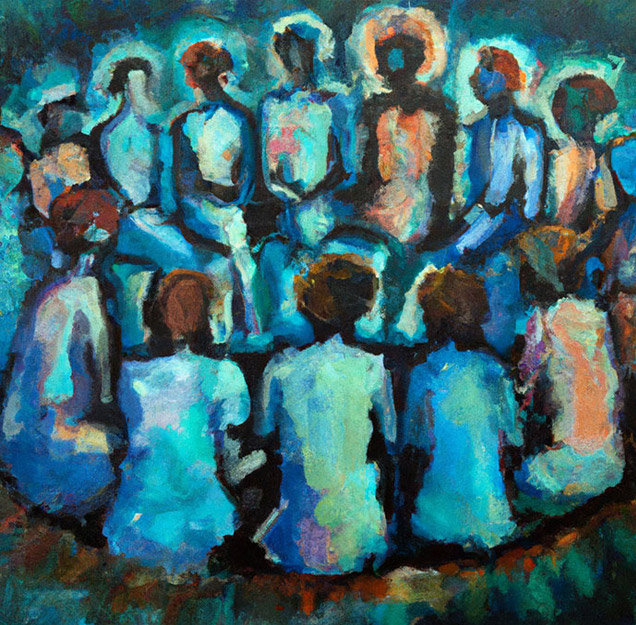 A painting of a non-descript group of people gathered in a circle in blues and oranges